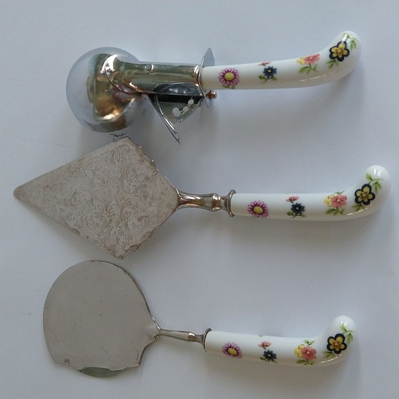 Vintage Raimond Silver Plate Serving Set Porcelain Floral Cake Ice Cream Cheese - Picture 5 of 6